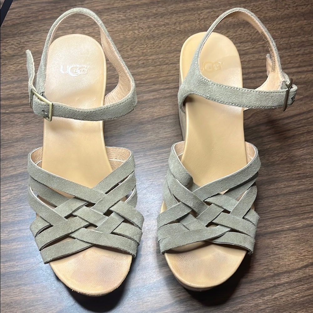 UGG 'Uma' Suede Cork Wedge Sandals Size 9 Shoes Olive Gray